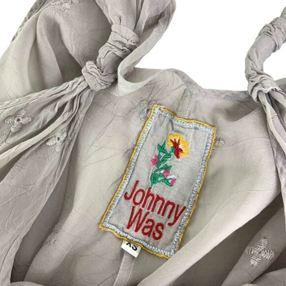 Johnny Was Oversized Eyelet Blouse in Grey with Tie at Waist Handkerchief Hem - Picture 7 of 8